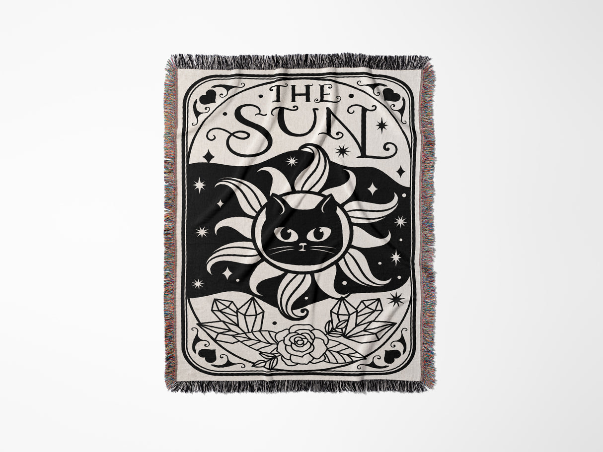 Tarot Card Black Cat The Sun Black and White Woven Throw Blanket and Tapestry