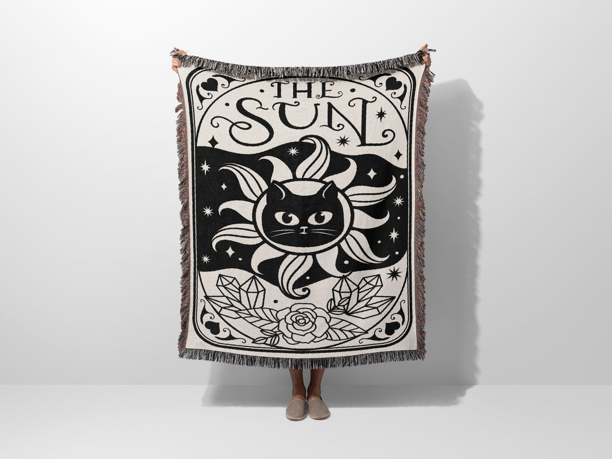 Tarot Card Black Cat The Sun Black and White Woven Throw Blanket and Tapestry