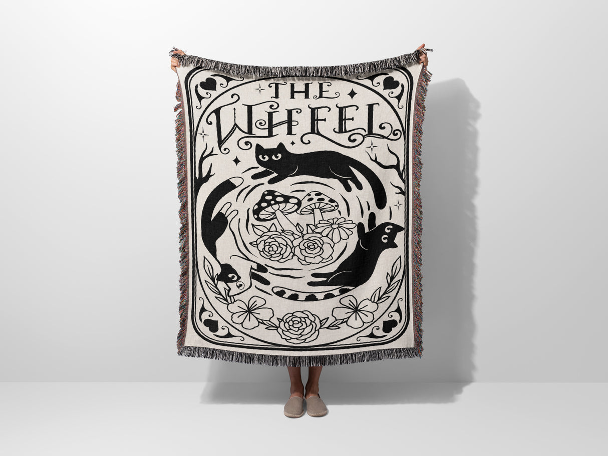 Tarot Card Black Cat The Wheel Black and White Woven Throw Blanket and Tapestry