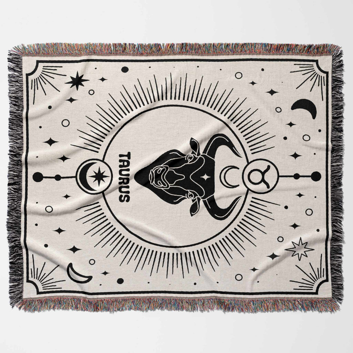 Horizontal view of the Taurus Zodiac Blanket displaying its detailed woven design. The image highlights the central Taurus symbol with surrounding celestial elements, making it a perfect unique birthday gift idea for women and men.