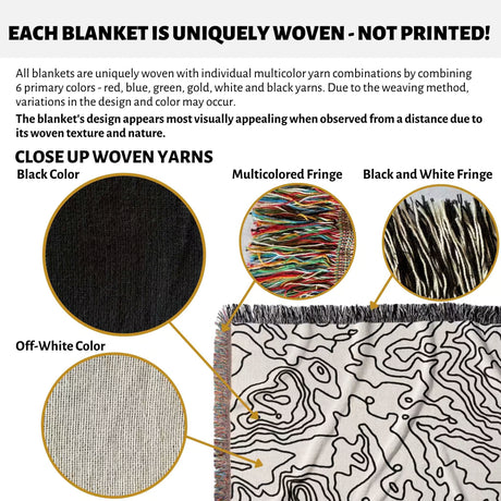 Product description of black and white topographic map design woven throw blanket with close-up details and color options.