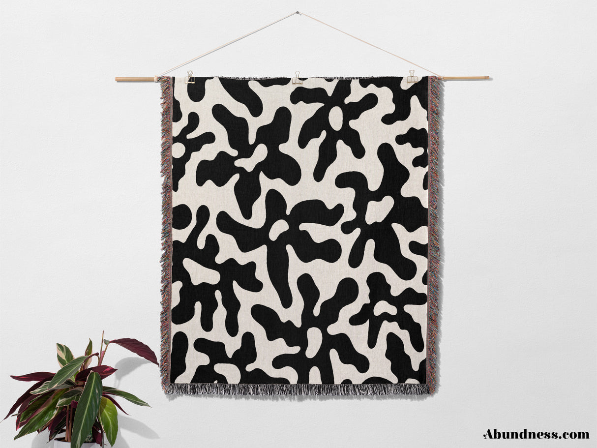 Trendy Groovy Corals Black and White Woven Throw Blanket and Tapestry