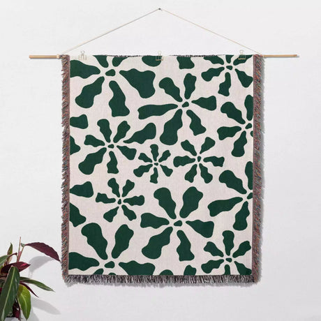 Trendy Groovy Corals Forest Green Woven Throw Blanket and Tapestry - DesignerOllie.com