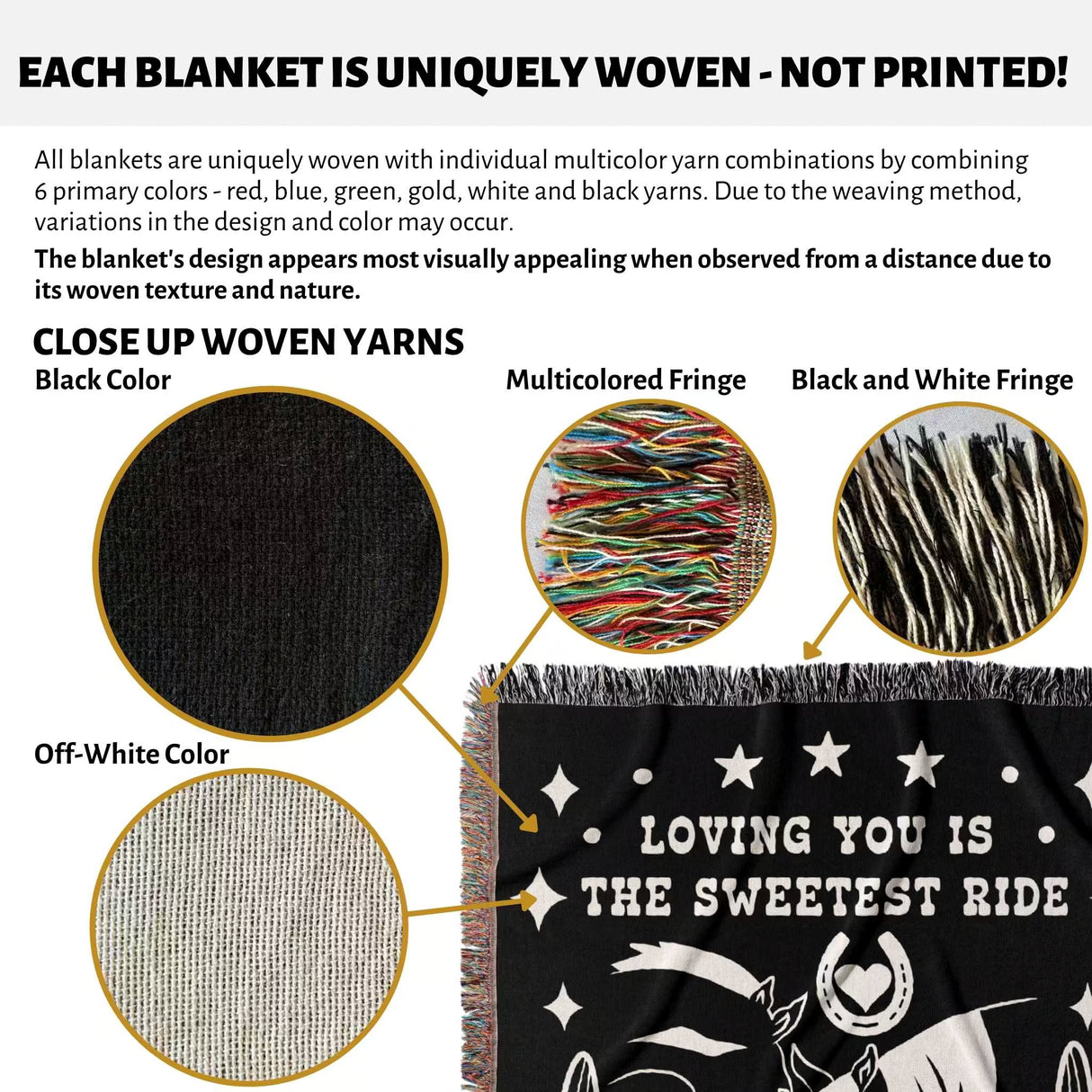 Two horses 2nd anniversary gift woven throw blanket with text 'Loving you is the sweetest ride' featuring close-up details of woven yarns and fringes.