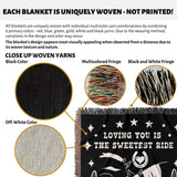 Two horses 2nd anniversary gift woven throw blanket with text 'Loving you is the sweetest ride' featuring close-up details of woven yarns and fringes.