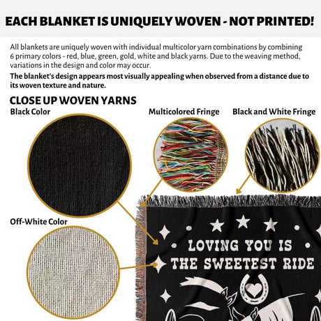 Two horses 2nd anniversary gift woven throw blanket with text 'Loving you is the sweetest ride' featuring close-up details of woven yarns and fringes.