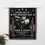 Two horses 2nd anniversary gift woven throw blanket as a wall hanging with horse design and text on a white background