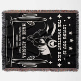 Two horses 2nd anniversary gift woven throw blanket flat lay with white graphics and text, featuring a horse and rider design.