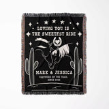 Two horses 2nd anniversary gift woven throw blanket full view with horse design and text on a white background