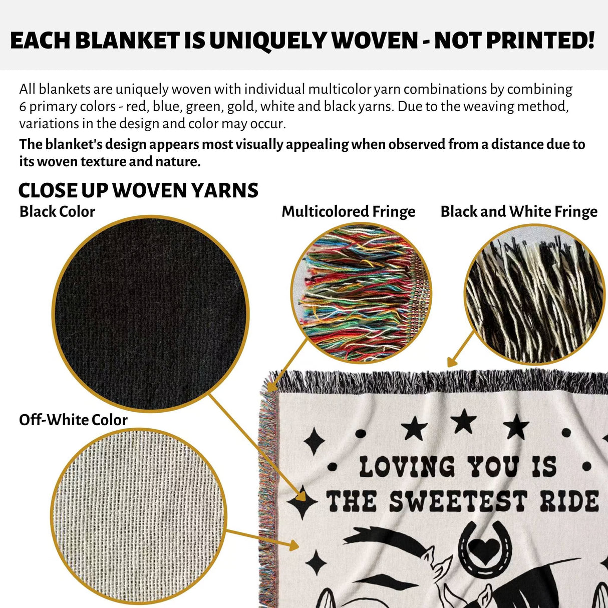 Product description of a two horses woven throw blanket cotton anniversary gift with unique yarn combinations and decorative elements.