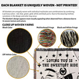 Product description of a two horses woven throw blanket cotton anniversary gift with unique yarn combinations and decorative elements.