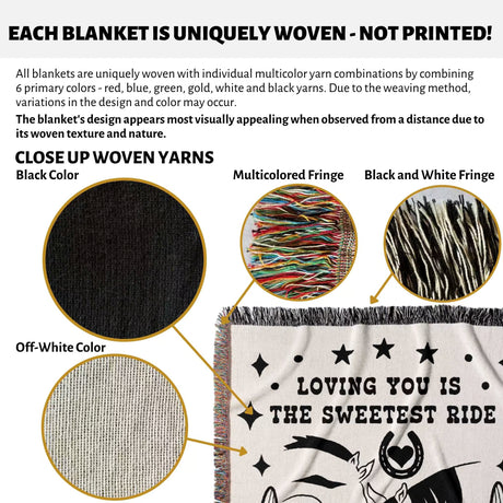 Product description of a two horses woven throw blanket cotton anniversary gift with unique yarn combinations and decorative elements.