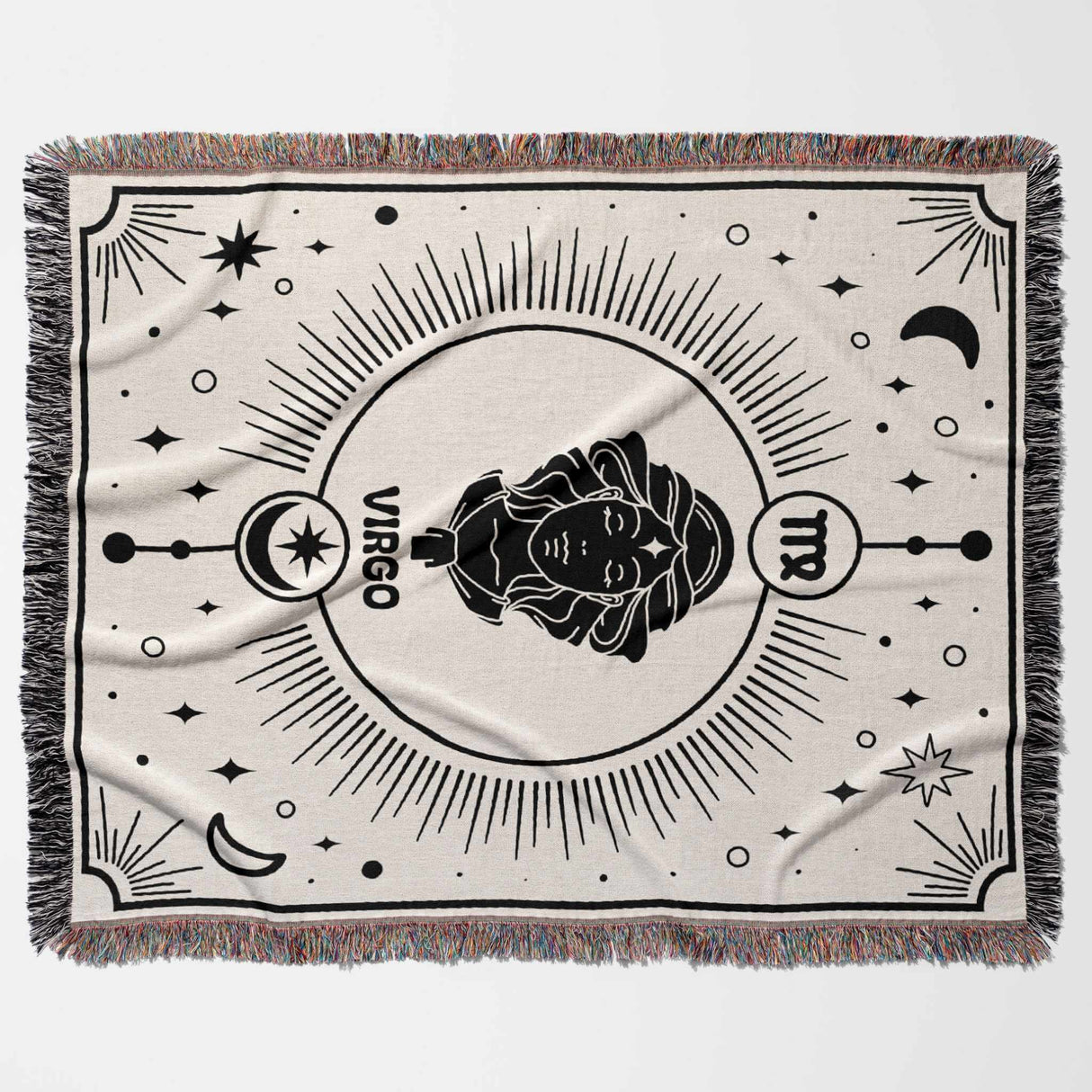 Horizontal flat lay of the Virgo Zodiac Blanket featuring a black and white woven tapestry with a detailed Virgo emblem surrounded by celestial elements. This blanket combines astrological elegance with cozy comfort, making it an ideal unique birthday gift.