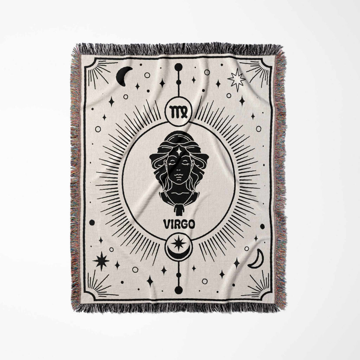 Vertical flat lay of the Virgo Zodiac Blanket, showcasing a black and white design with intricate Virgo and celestial motifs. Perfect for home decor and astrology enthusiasts, this woven throw blanket adds a personalized touch to any space.