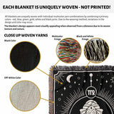 This image highlights the unique weaving of the Virgo Zodiac Blanket. The blanket is made with individual multicolor yarn combinations, featuring six primary colors: red, blue, green, gold, white, and black. The close-up view shows the different yarn colors, including black, off-white, and the multicolor fringe.