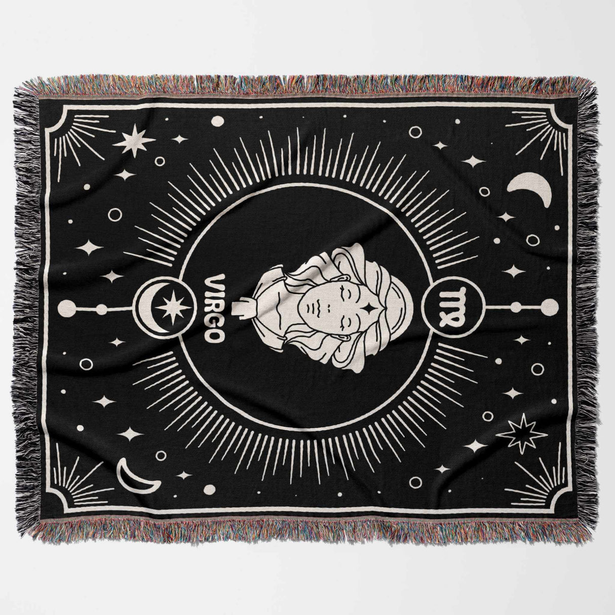 The Virgo Zodiac Blanket is displayed flat in a horizontal orientation. The design features a detailed illustration of the Virgo symbol in the center, surrounded by celestial motifs and bordered by a multicolor fringe.