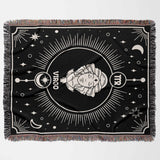 The Virgo Zodiac Blanket is displayed flat in a horizontal orientation. The design features a detailed illustration of the Virgo symbol in the center, surrounded by celestial motifs and bordered by a multicolor fringe.