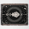 The Virgo Zodiac Blanket is displayed flat in a horizontal orientation. The design features a detailed illustration of the Virgo symbol in the center, surrounded by celestial motifs and bordered by a multicolor fringe.