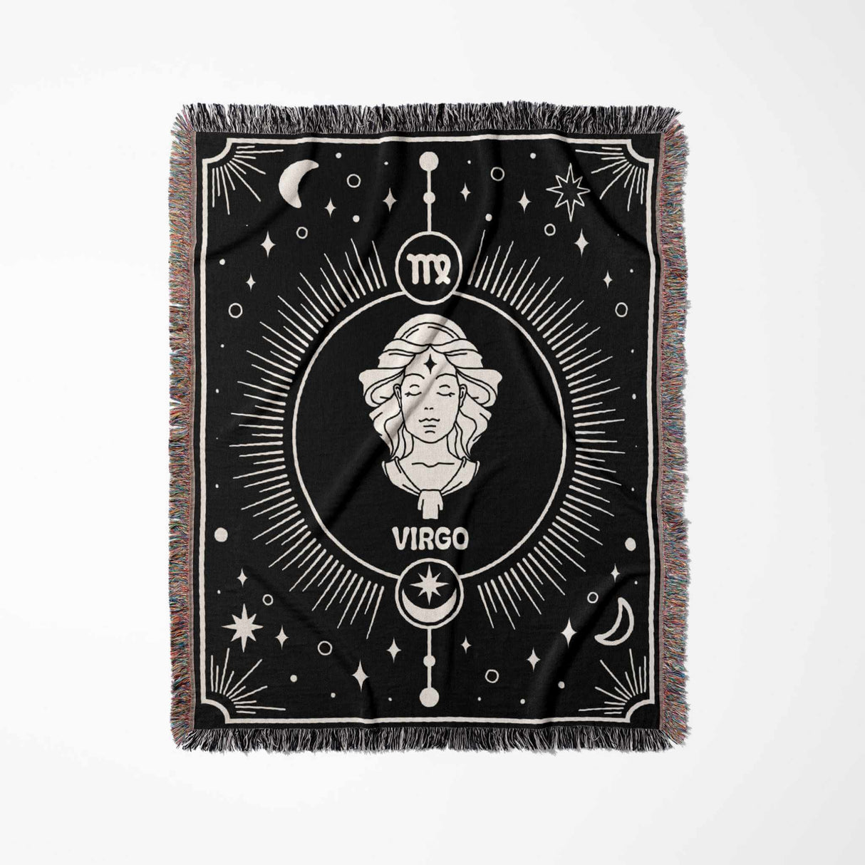 The Virgo Zodiac Blanket is shown laid flat in a vertical orientation. This view emphasizes the intricate Virgo illustration and the celestial decorations, making it perfect for use as a bedspread or wall hanging.