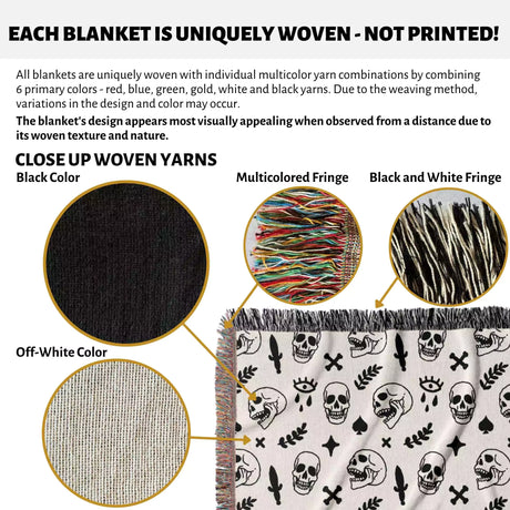 Whimsy Skulls Black and White Woven Throw Blanket and Tapestry - DesignerOllie.com