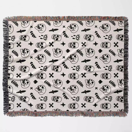 Whimsy Skulls Black and White Woven Throw Blanket and Tapestry - DesignerOllie.com