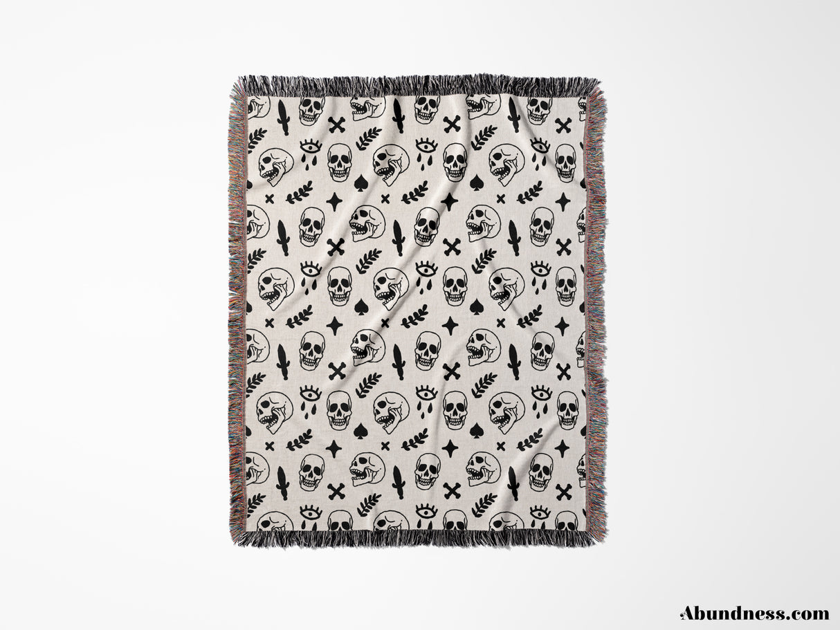 Whimsy Skulls Black and White Woven Throw Blanket and Tapestry