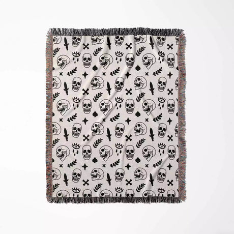 Whimsy Skulls Black and White Woven Throw Blanket and Tapestry - DesignerOllie.com