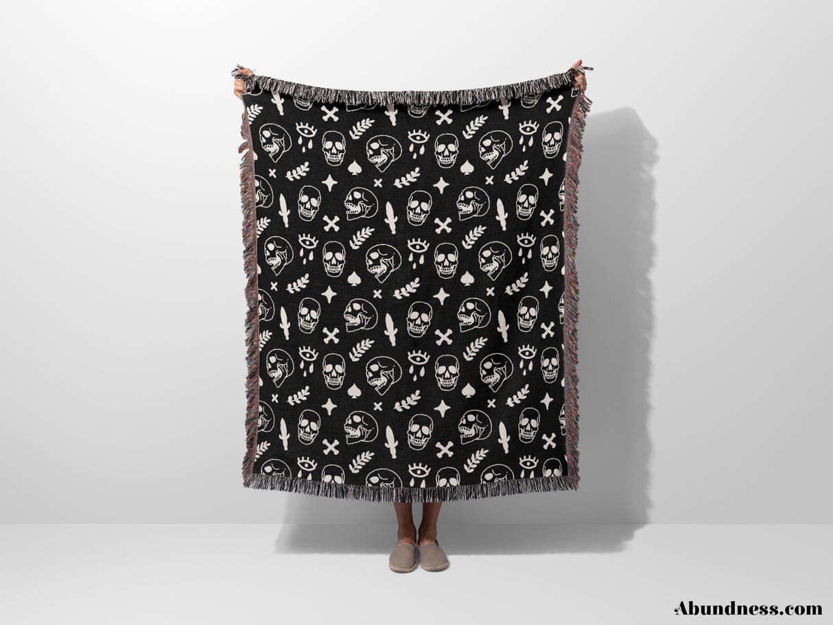 Whimsy Skulls Monochrome Woven Throw Blanket and Tapestry