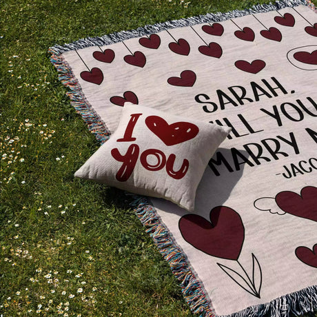 Will You Marry Me Proposal Blanket with Hanging Hearts - DesignerOllie.com