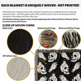 Product description of woven blankets with close-up details and color options.