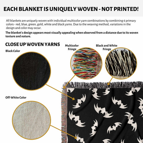 The image highlights the unique woven texture of the Halloween-themed blanket, featuring a close-up view of the black color, off-white color, and the multicolor fringe. The blanket is not printed but intricately woven with various yarns, showcasing a pattern of bats. The black and white fringe and multicolor fringe add detail to the edges, enhancing the overall design.