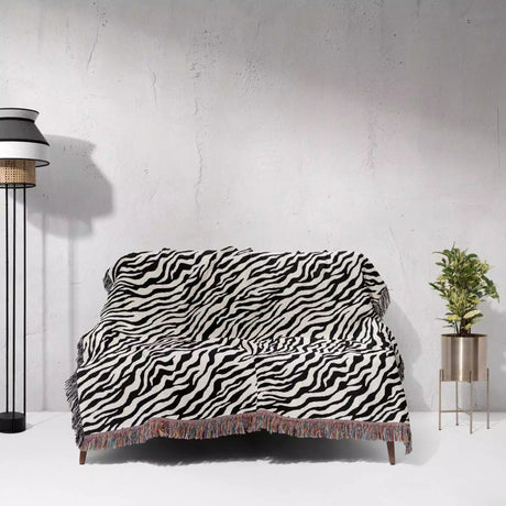 Zebra Animal Print Black and White Woven Throw Blanket and Tapestry - DesignerOllie.com