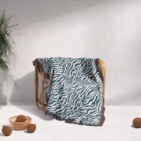 Zebra Animal Print Blue Woven Throw Blanket and Tapestry - DesignerOllie.com