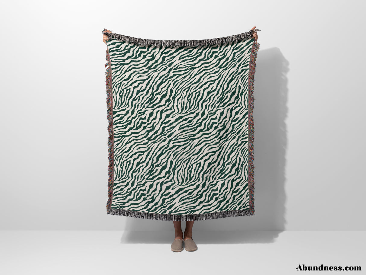 Zebra Animal Print Forest Green Woven Throw Blanket and Tapestry