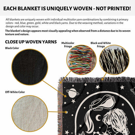 This image features a close-up view of a Zodiac Sign Blanket showcasing the woven yarns. The blanket combines multicolor fringe and black-and-white designs with detailed elements. The description emphasizes its unique woven texture, making it an ideal gift for astrology enthusiasts.